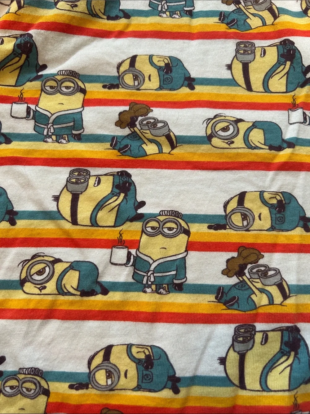 Universal Men's Cartoon Minion Stripe Athletic Shorts - White, Yellow, Blue, Red